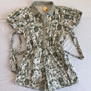 JODIFL Women's Green White Vibtage Large Romper‎ Short Sleeve Button Up Collared